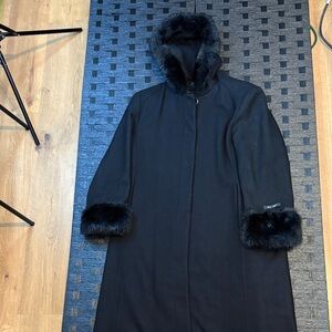 Black fur trimmed women’s 100% wool peacoat trench black s petite by JP 1893